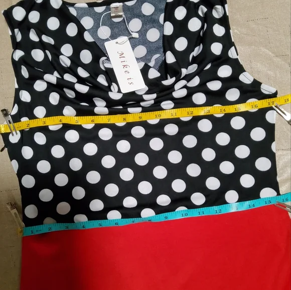 Mike is Stretch Black/Red White Polka-dot Sleeveless Sheath Dress Cowlneck Sz XL - Picture 7 of 11